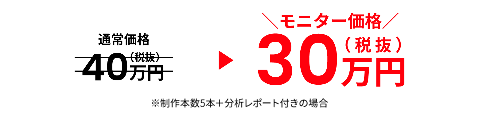 通常価格50万円（税抜） モニター価格30万円（税抜） ※制作本数5本＋分析レポート付きの場合